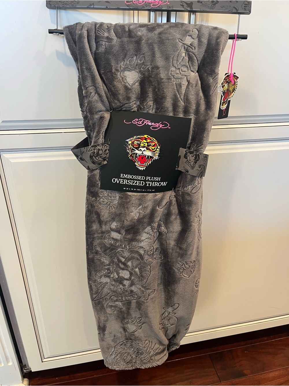 Ed Hardy Embossed Plush Oversized Throw Blanket- Gray